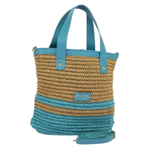 BURBERRY Blue Label Hand Bag Straw 2way Blue Gold A - Picture 1 of 15